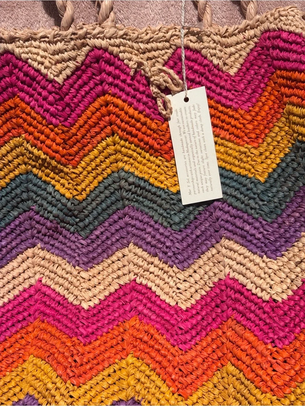 Mar Y Sol Handmade Chevron Raffia Tote Bag NWT – Colorful Rainbow Bag - Picture 2 of 11